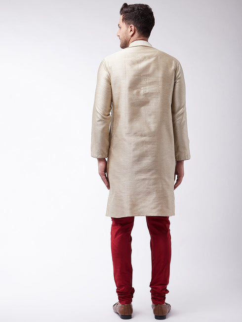 Vastramay Men's Beige And Maroon Silk Blend Kurta Churidar Set